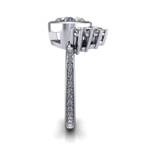 Lucille cushion-cut crown halo engagement ring in Platinum, side profile showing the diamond crown and pavé band