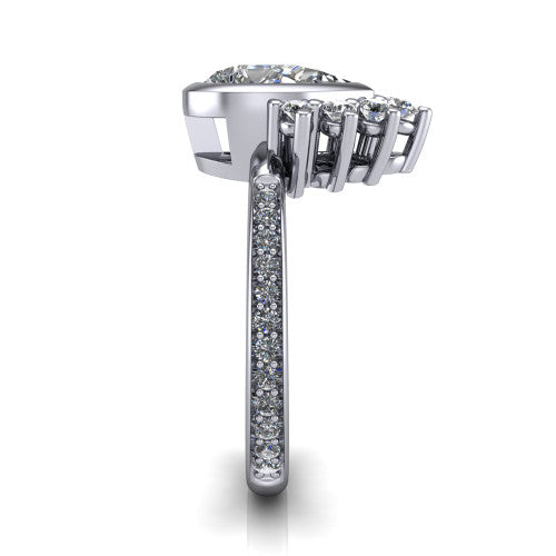 Lucille pear-shaped crown halo engagement ring in 18K White Gold, side profile showing the diamond crown and pavé band
