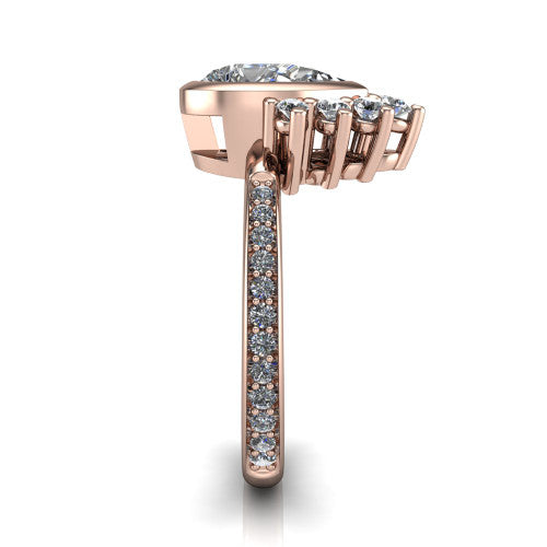 Lucille pear-shaped crown halo engagement ring in 18K Rose Gold, side profile showing the diamond crown and pavé band