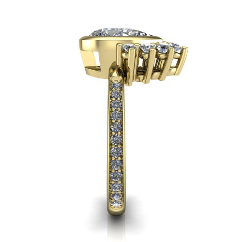 Lucille pear-shaped crown halo engagement ring in 14K Yellow Gold, side profile showing the diamond crown and pavé band