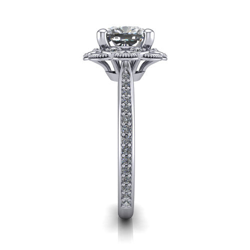Mariana cushion-cut vintage halo engagement ring in Platinum, side profile showing the floral halo and pavé band
