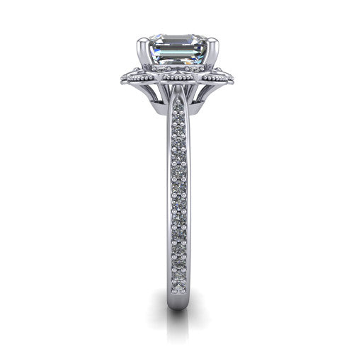 Mariana square emerald-cut vintage halo engagement ring in Platinum, side profile showing the floral halo and pavé band