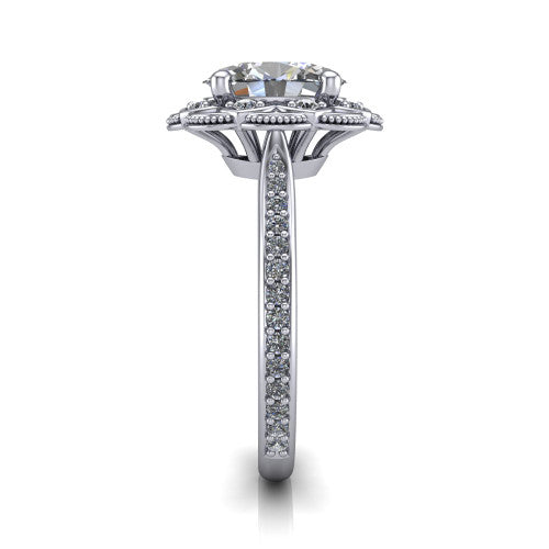 Mariana oval vintage halo engagement ring in 14K White Gold, side profile showing the floral halo and pavé band
