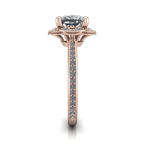 Mariana cushion-cut vintage halo engagement ring in 14K Rose Gold, side profile showing the floral halo and pavé band