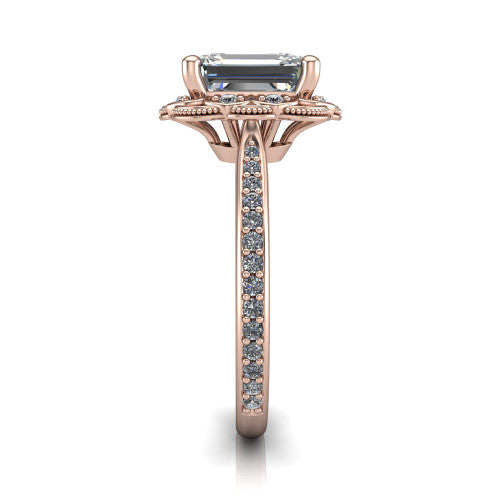 Mariana emerald-cut vintage halo engagement ring in 14K Rose Gold, side profile showing the floral halo and pavé band