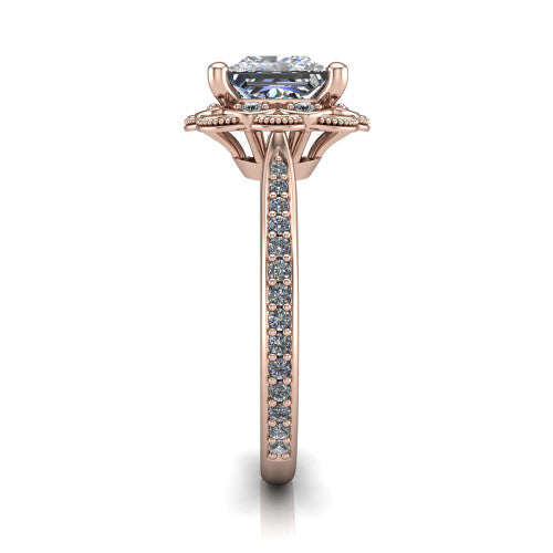 Mariana princess-cut vintage halo engagement ring in 14K Rose Gold, side profile showing the floral halo and pavé band