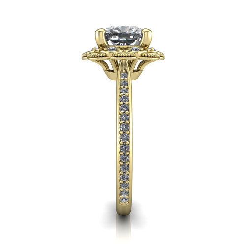 Mariana cushion-cut vintage halo engagement ring in 18K Yellow Gold, side profile showing the floral halo and pavé band
