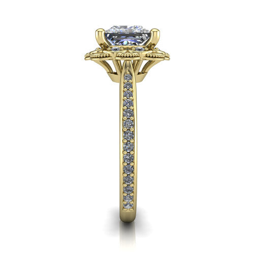 Mariana princess-cut vintage halo engagement ring in 18K Yellow Gold, side profile showing the floral halo and pavé band