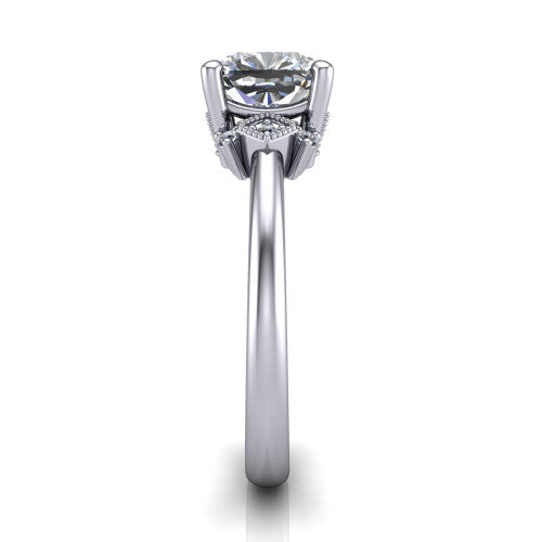 Harmony cushion-cut three stone engagement ring in 14K White Gold, side profile showing the diamond side clusters and polished band