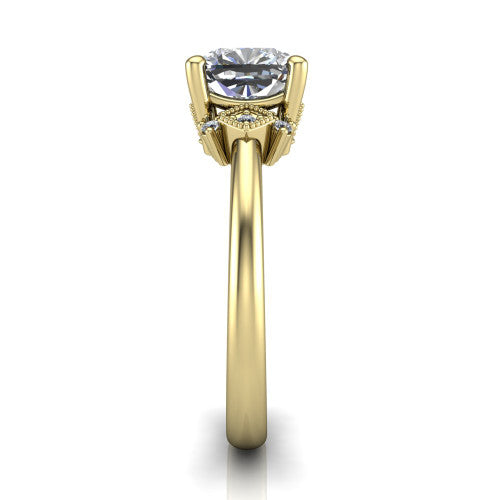 Harmony cushion-cut three stone engagement ring in 18K Yellow Gold, side profile showing the diamond side clusters and polished band