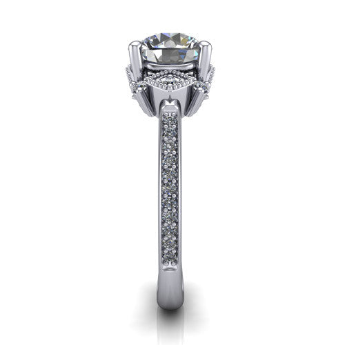 Presley round three stone engagement ring in 14K White Gold, side profile showing the diamond side clusters and pavé band