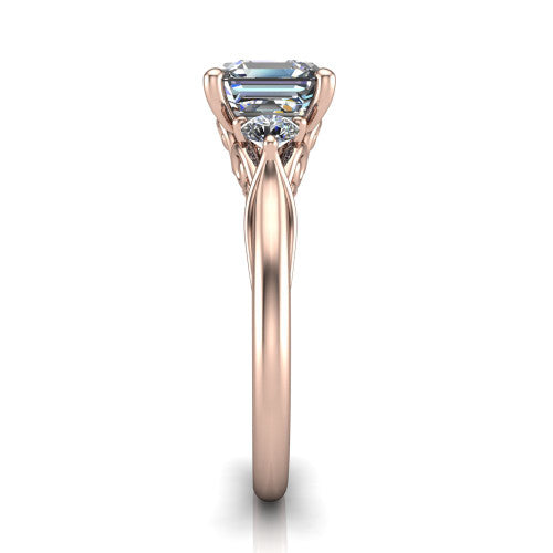 Harley square emerald three stone engagement ring in 14K Rose Gold, side profile showing the filigree scroll gallery, tapered cathedral shoulders, and polished band