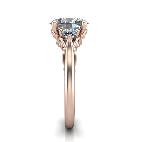 Harley oval three stone engagement ring in 14K Rose Gold, side profile showing the filigree scroll gallery, tapered cathedral shoulders, and polished band