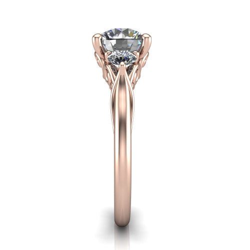 Harley round three stone engagement ring in 14K Rose Gold, side profile showing the filigree scroll gallery, tapered cathedral shoulders, and polished band