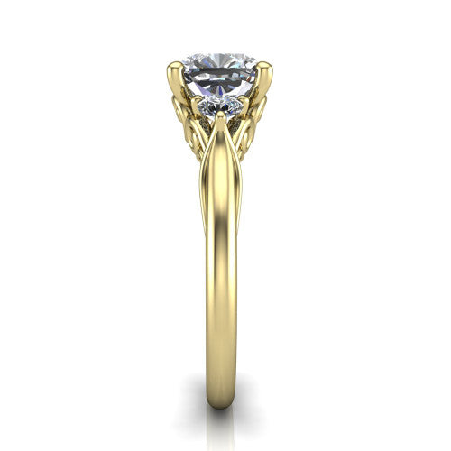 Harley cushion three stone engagement ring in 18K Yellow Gold, side profile showing the filigree scroll gallery, tapered cathedral shoulders, and polished band