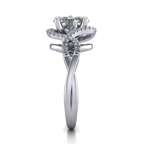 River oval halo engagement ring in Platinum, side profile showing the twisted criss-cross pave split shank braiding beneath the halo
