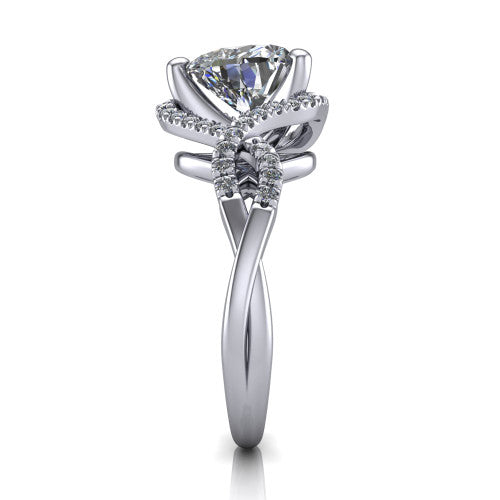 River heart halo engagement ring in Platinum, side profile showing the twisted criss-cross pave split shank braiding beneath the halo