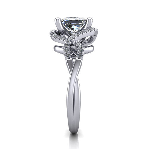 River princess halo engagement ring in 14K White Gold, side profile showing the twisted criss-cross pave split shank braiding beneath the halo