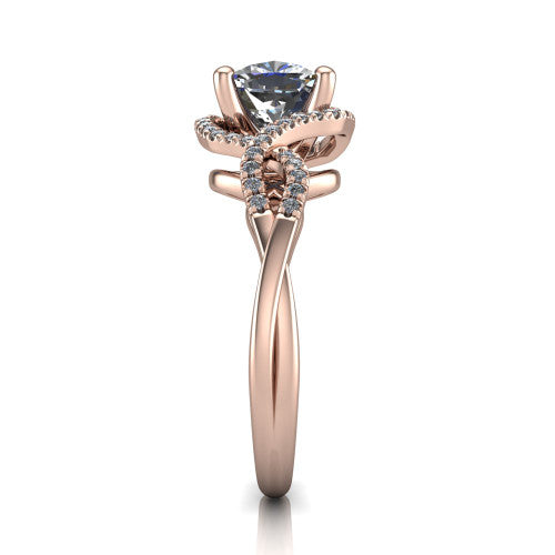 River cushion halo engagement ring in 18K Rose Gold, side profile showing the twisted criss-cross pave split shank braiding beneath the halo