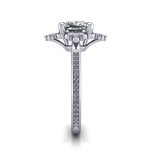 Jayla cushion solitaire engagement ring in 14K White Gold, side profile showing the floral openwork frame and pave diamond band along the shoulders