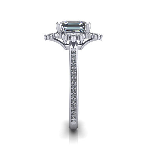 Jayla square emerald solitaire engagement ring in 14K White Gold, side profile showing the floral openwork frame and pave diamond band along the shoulders