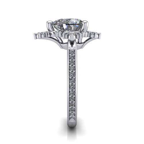 Jayla heart solitaire engagement ring in 14K White Gold, side profile showing the floral openwork frame and pave diamond band along the shoulders