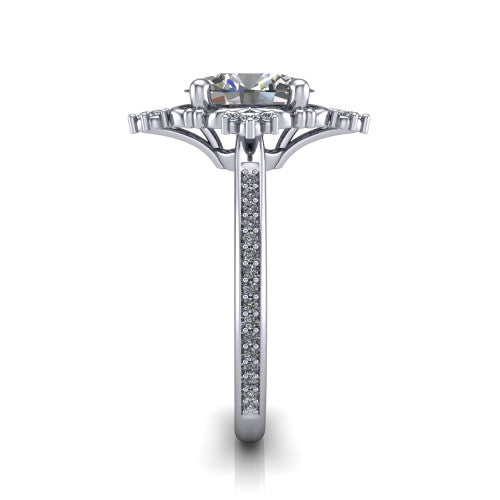 Jayla oval solitaire engagement ring in 18K White Gold, side profile showing the floral openwork frame and pave diamond band along the shoulders