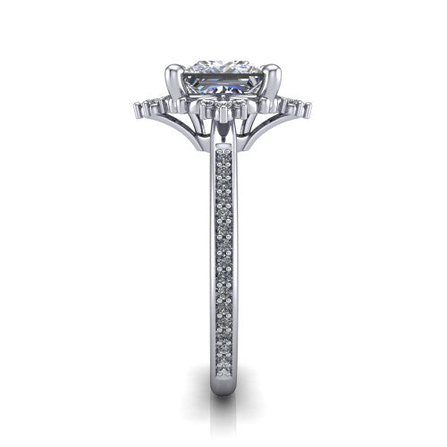 Jayla princess solitaire engagement ring in 18K White Gold, side profile showing the floral openwork frame and pave diamond band along the shoulders