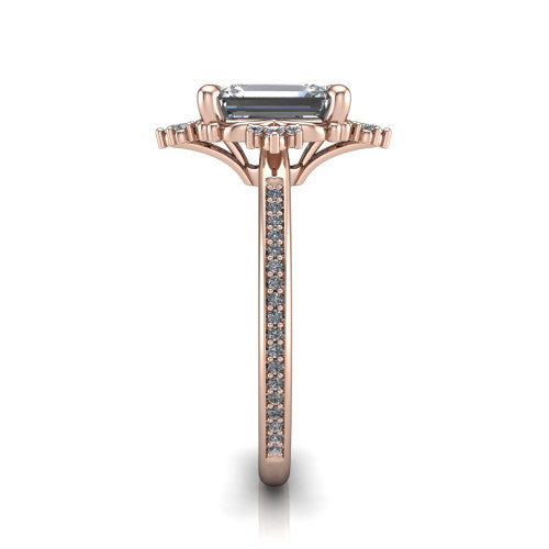 Jayla emerald solitaire engagement ring in 18K Rose Gold, side profile showing the floral openwork frame and pave diamond band along the shoulders