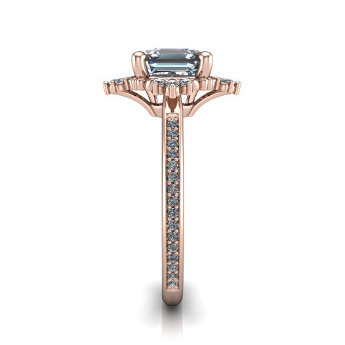 Jayla square emerald solitaire engagement ring in 14K Rose Gold, side profile showing the floral openwork frame and pave diamond band along the shoulders