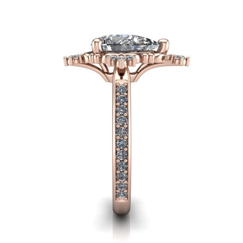 Jayla pear solitaire engagement ring in 18K Rose Gold, side profile showing the floral openwork frame and pave diamond band along the shoulders
