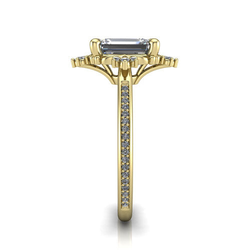 Jayla emerald solitaire engagement ring in 18K Yellow Gold, side profile showing the floral openwork frame and pave diamond band along the shoulders