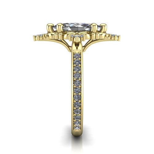Jayla marquise solitaire engagement ring in 14K Yellow Gold, side profile showing the floral openwork frame and pave diamond band along the shoulders
