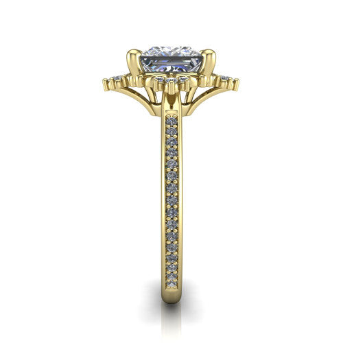 Jayla princess solitaire engagement ring in 14K Yellow Gold, side profile showing the floral openwork frame and pave diamond band along the shoulders