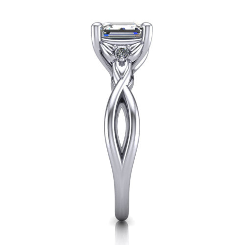 Catalina square emerald three stone engagement ring in Platinum, side profile showing the twisted infinity shank braiding beneath the head into a polished band