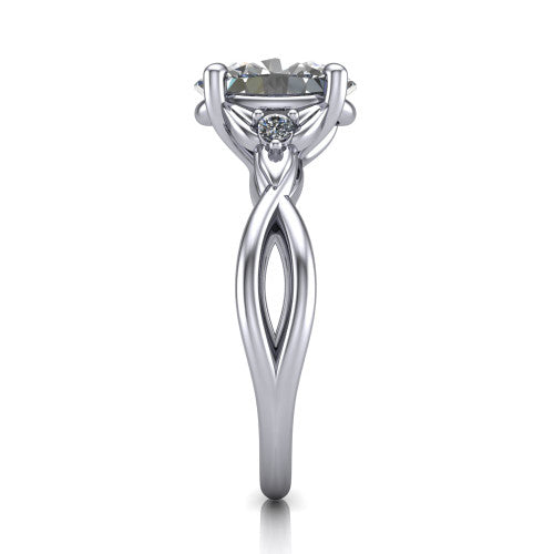 Catalina oval three stone engagement ring in Platinum, side profile showing the twisted infinity shank braiding beneath the head into a polished band