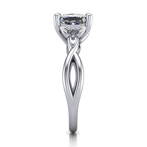 Catalina princess three stone engagement ring in Platinum, side profile showing the twisted infinity shank braiding beneath the head into a polished band