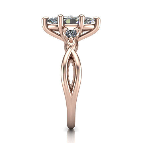 Catalina marquise three stone engagement ring in 18K Rose Gold, side profile showing the twisted infinity shank braiding beneath the head into a polished band