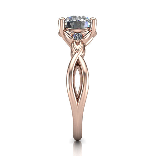 Catalina round three stone engagement ring in 18K Rose Gold, side profile showing the twisted infinity shank braiding beneath the head into a polished band
