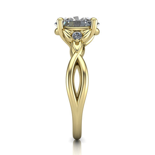 Catalina oval three stone engagement ring in 18K Yellow Gold, side profile showing the twisted infinity shank braiding beneath the head into a polished band