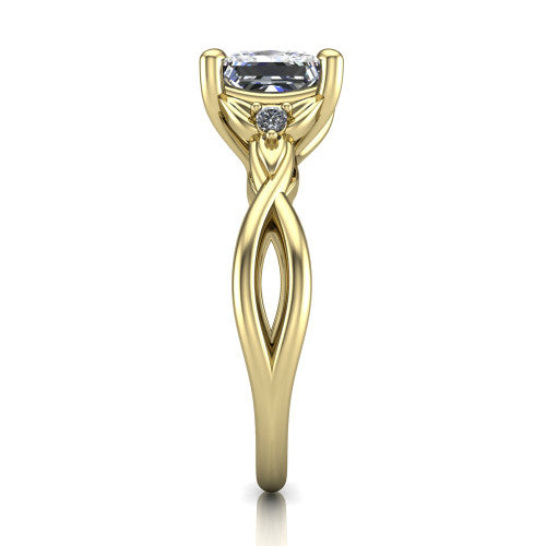 Catalina princess three stone engagement ring in 18K Yellow Gold, side profile showing the twisted infinity shank braiding beneath the head into a polished band