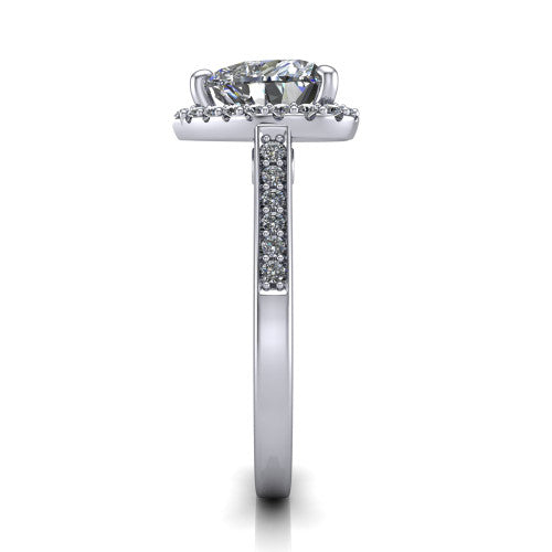 Brooke heart halo engagement ring in 14K White Gold, side profile showing the pavé band and the gallery accent in profile