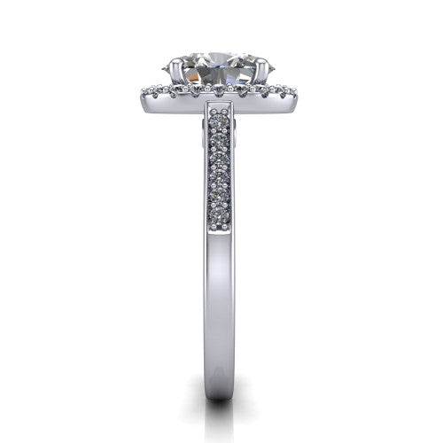 Brooke oval halo engagement ring in 14K White Gold, side profile showing the pavé band and the gallery accent in profile