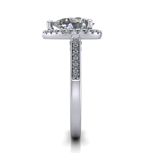 Brooke pear halo engagement ring in 14K White Gold, side profile showing the pavé band and the gallery accent in profile