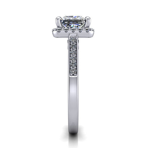 Brooke princess halo engagement ring in Platinum, side profile showing the pavé band and the gallery accent in profile