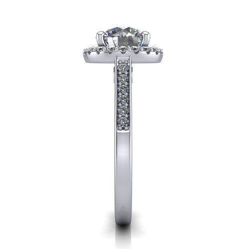 Brooke round halo engagement ring in 18K White Gold, side profile showing the pavé band and the gallery accent in profile