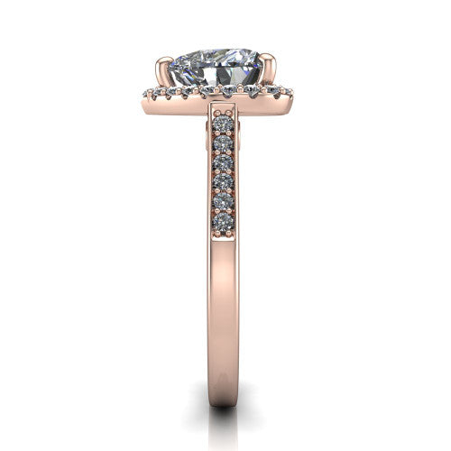 Brooke heart halo engagement ring in 14K Rose Gold, side profile showing the pavé band and the gallery accent in profile