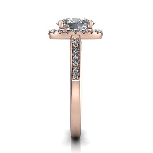 Brooke oval halo engagement ring in 18K Rose Gold, side profile showing the pavé band and the gallery accent in profile