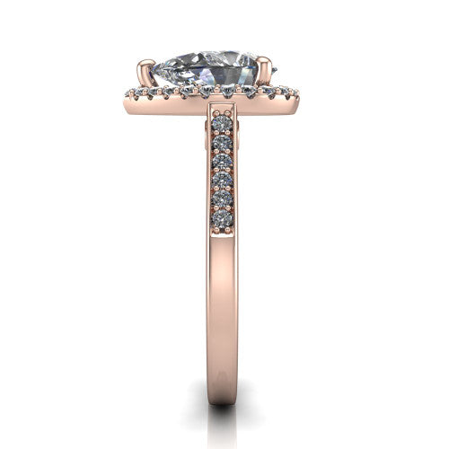 Brooke pear halo engagement ring in 18K Rose Gold, side profile showing the pavé band and the gallery accent in profile