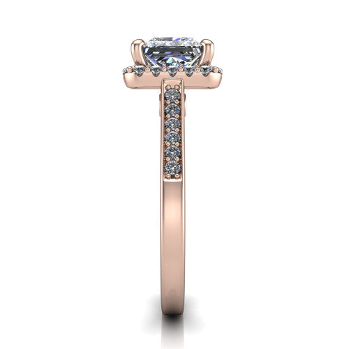 Brooke princess halo engagement ring in 18K Rose Gold, side profile showing the pavé band and the gallery accent in profile